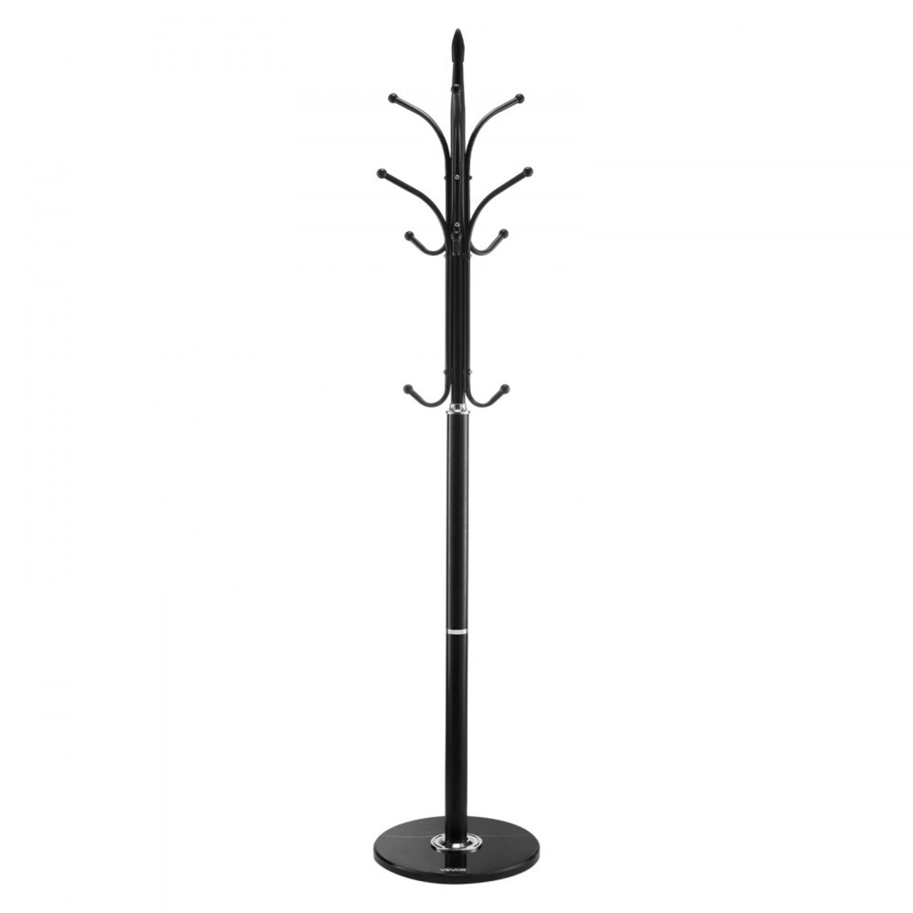 Black Freestanding Carbon Steel Coat Rack with Marble Base and 6 Hooks for Entryway Use